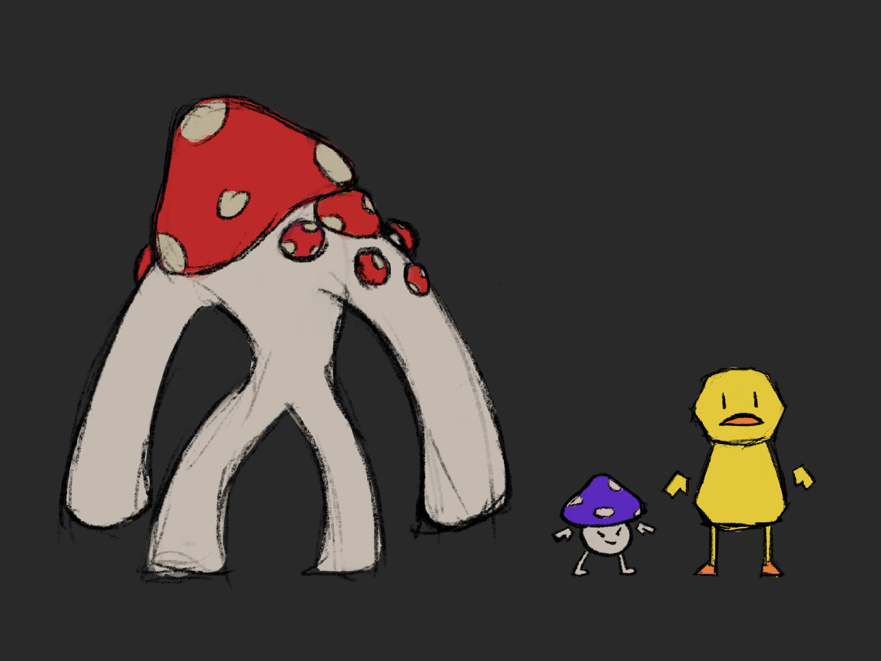 A big mushroom figure, a tiny shroom, and a duck-person