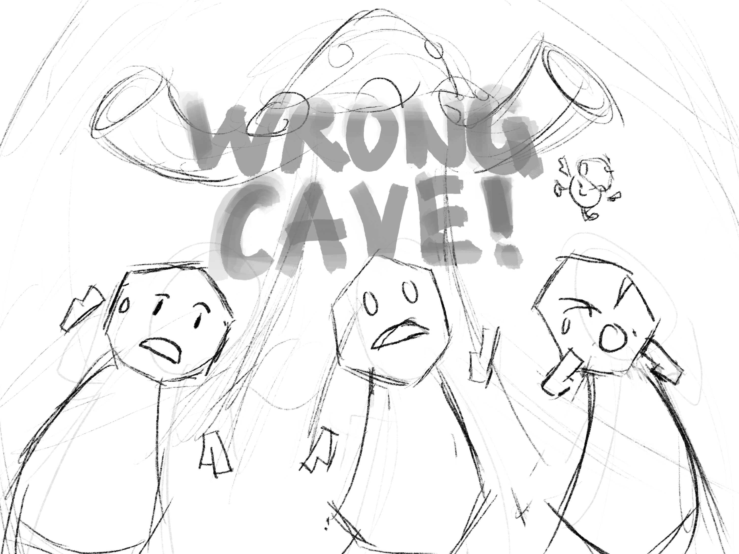 Three figures running away with a giant mushroom monster chasing them from behind, and a smaller mushroom in the air, with “Wrong Cave!” on top of everything