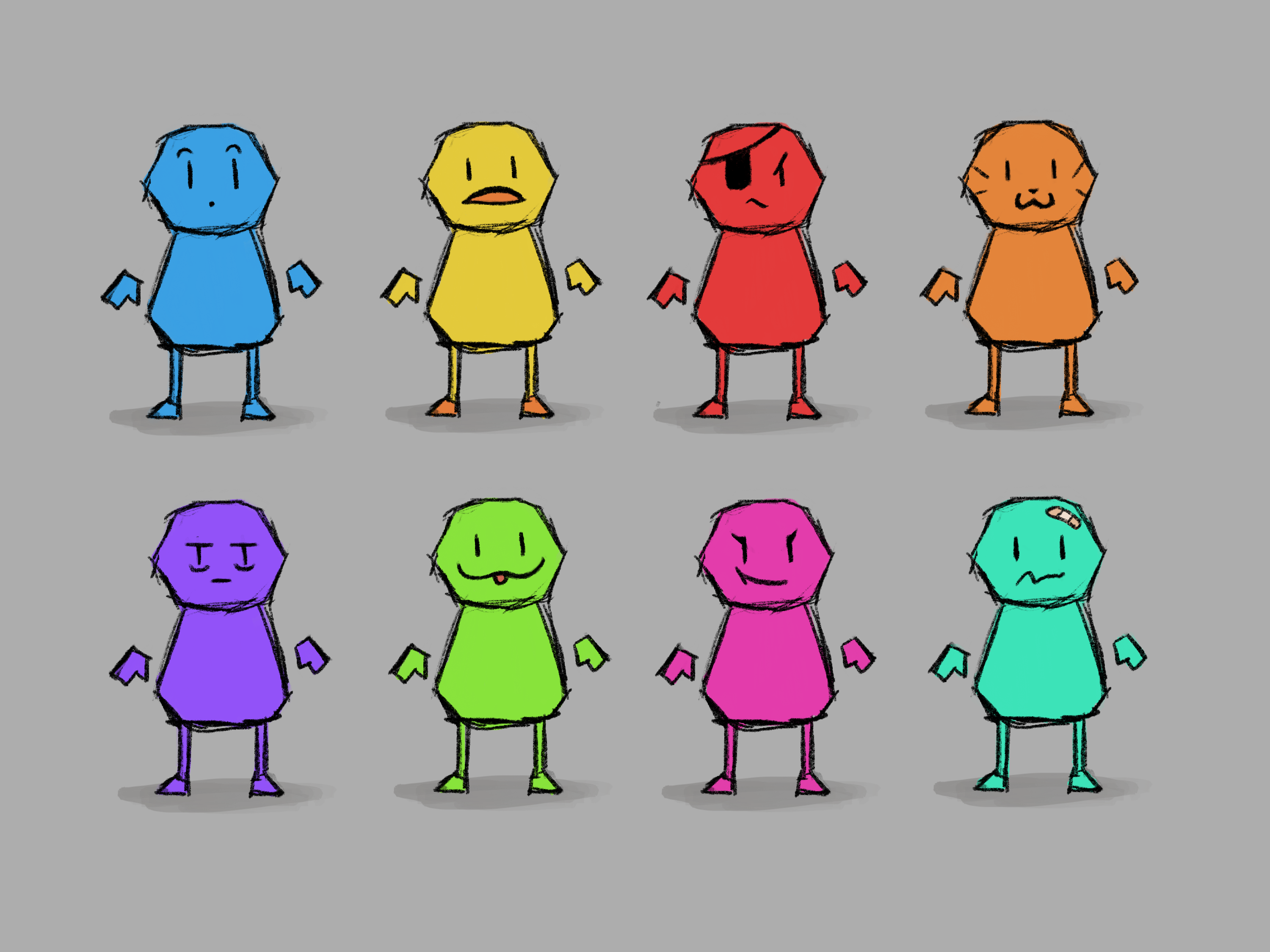 8 figures of various bright colors. They each have different facial expressions. They have floating hands.