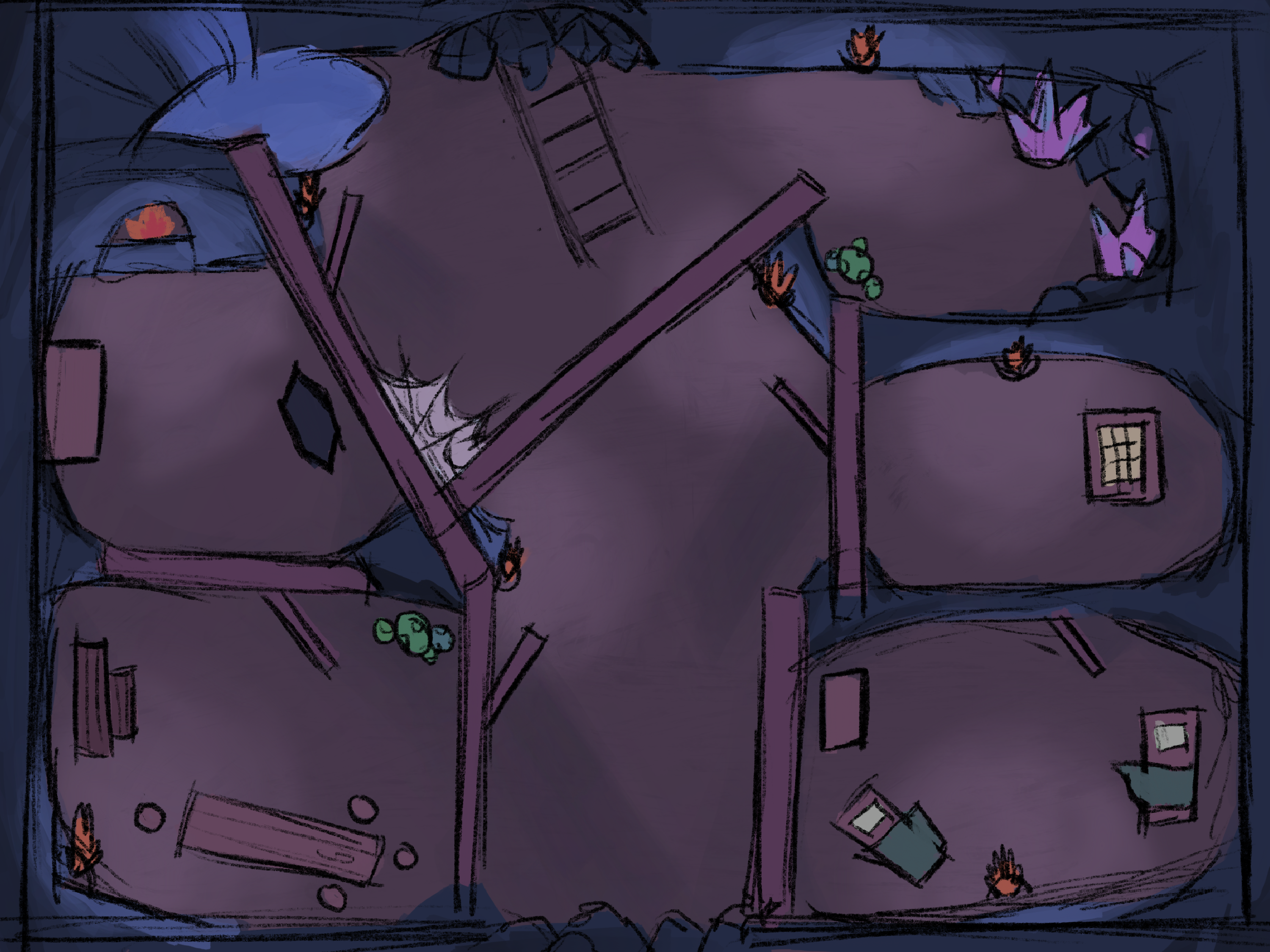 An overview perspective of a mineshaft with different rooms