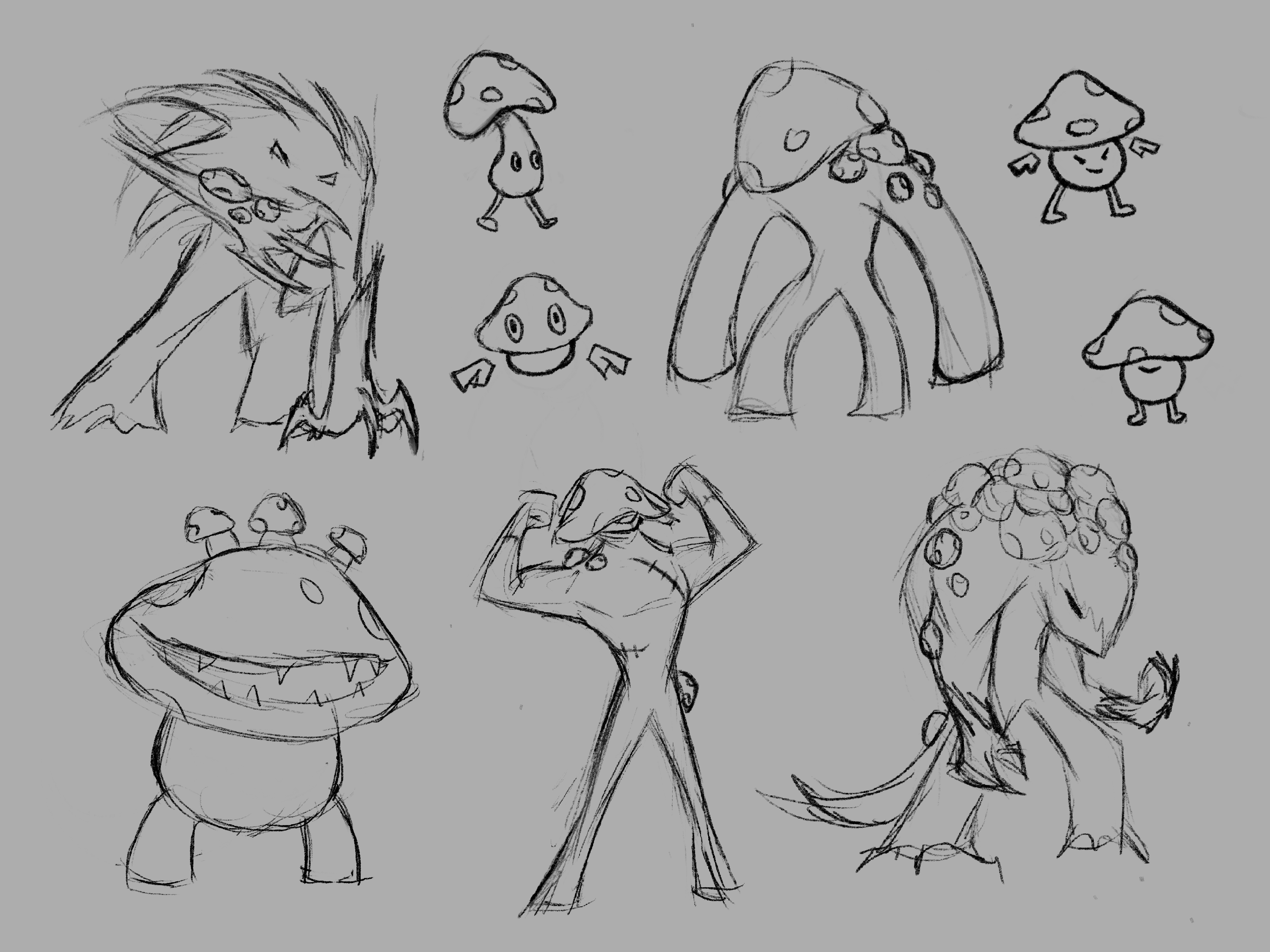 Various anthropomorphic mushrooms, some monstrous, some cute