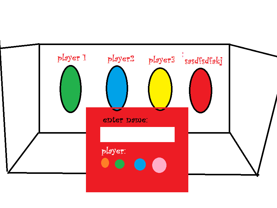 box room with four players of different colors and a window asking for a name and player color