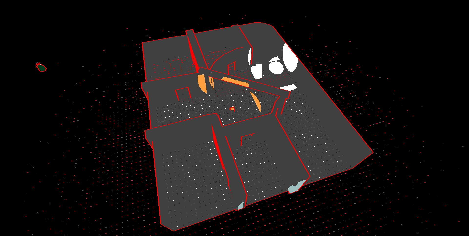 An overview view of a grey 3D floorplan with red outlines