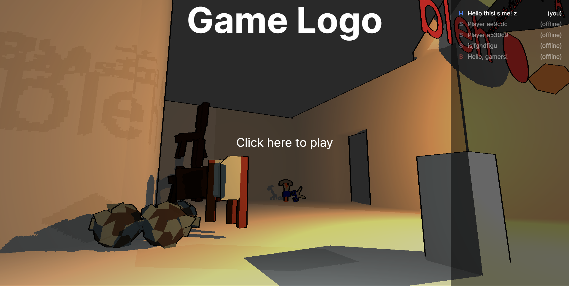 “Game Logo” big on top, with “Click here to play” in the middle, and a list of players on the right