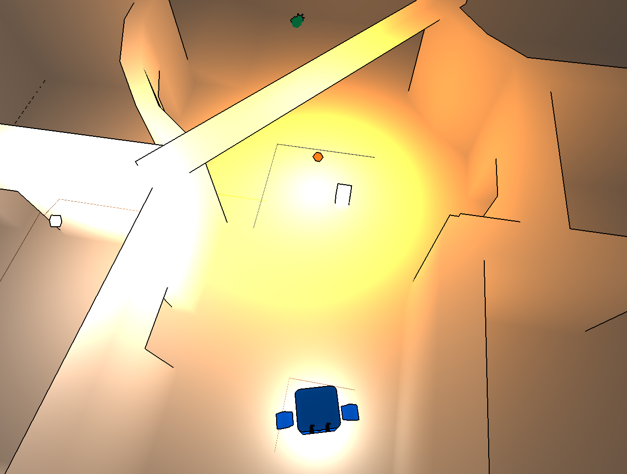 A glowing map with no shadows. There are square outlines near the lights