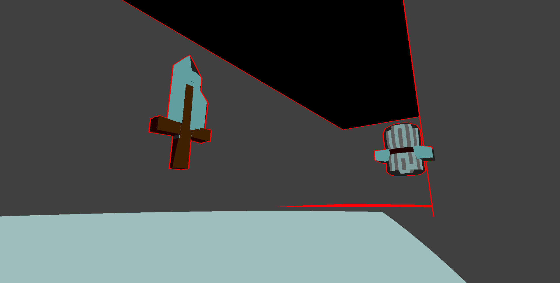 Killian's models in the game. The string bundle is intersecting with an iron bar, and the knife and sword are overlapping other