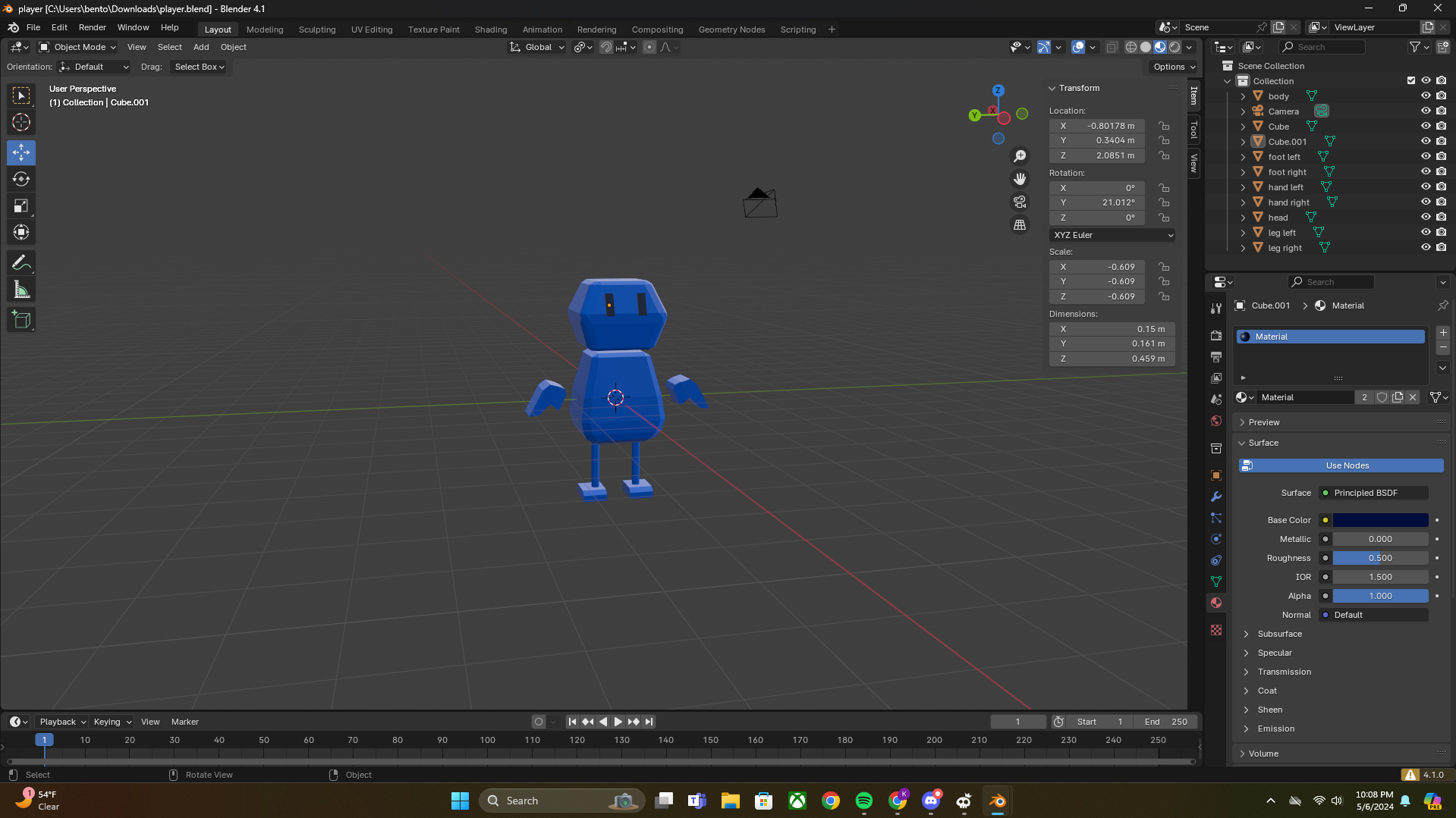 Blender model of a blue figure with floating hands