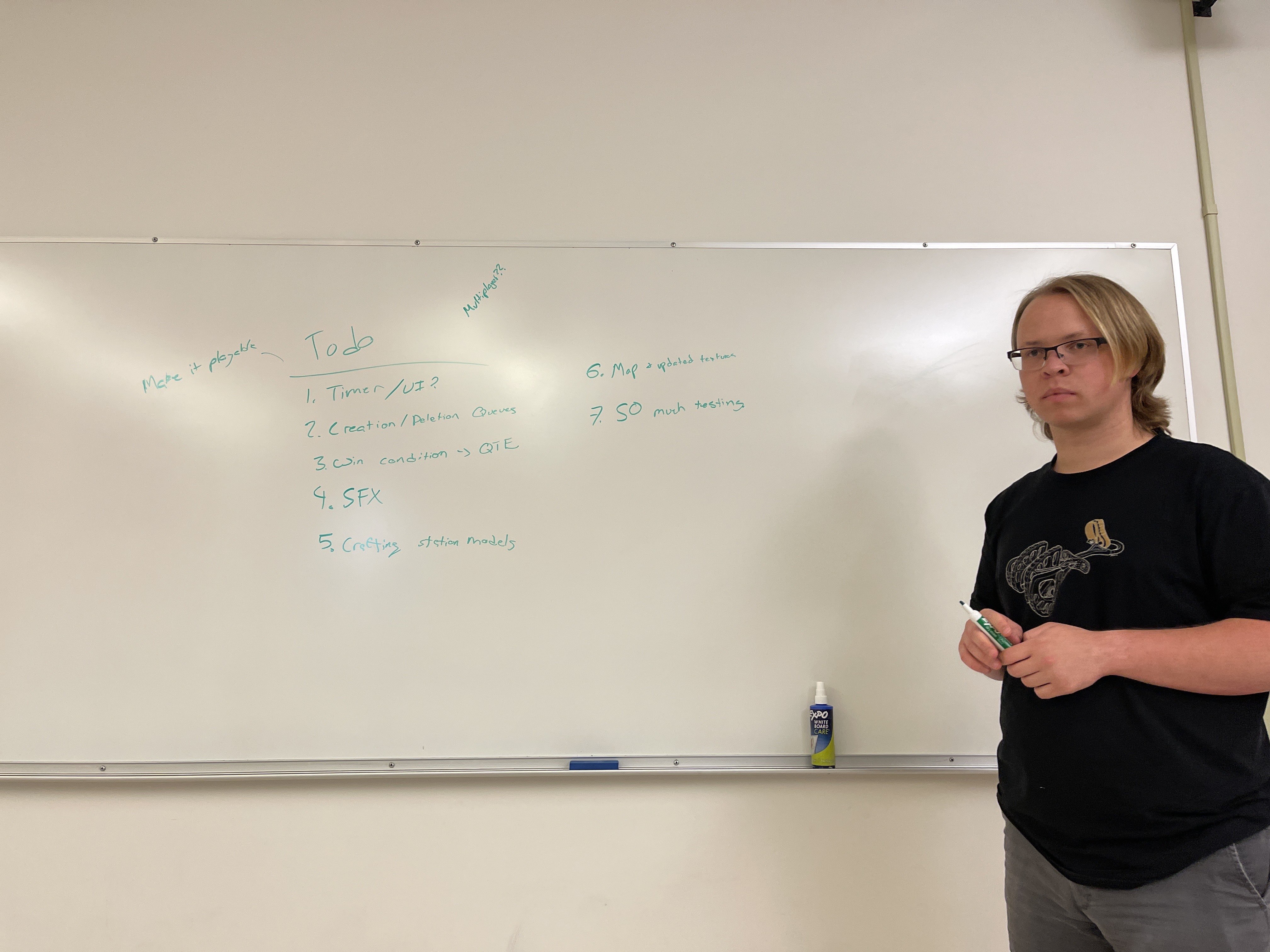 Tyler standing in front of whiteboard with to-do items