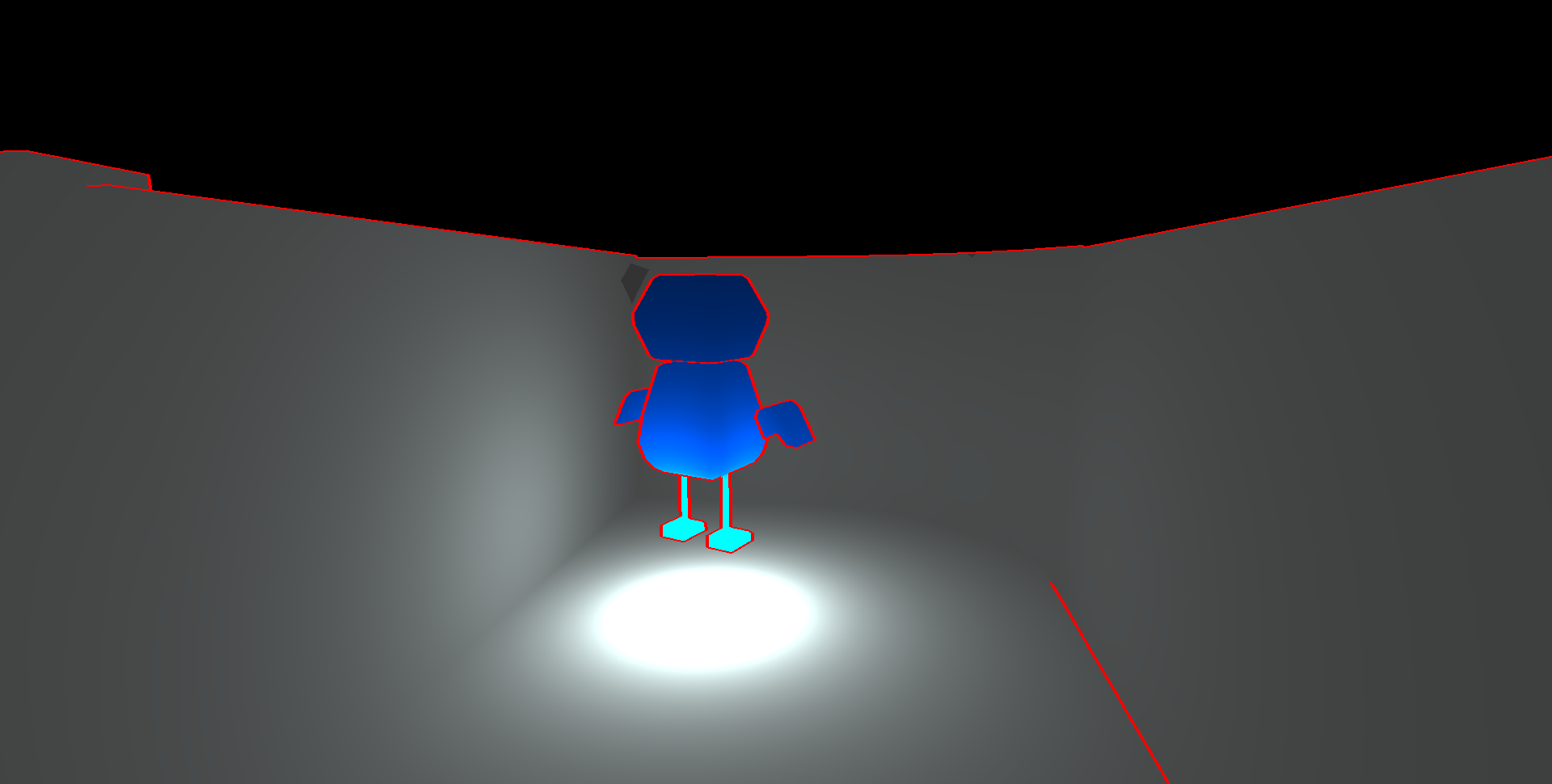 A blue player lit from below with smooth lighting on the walls