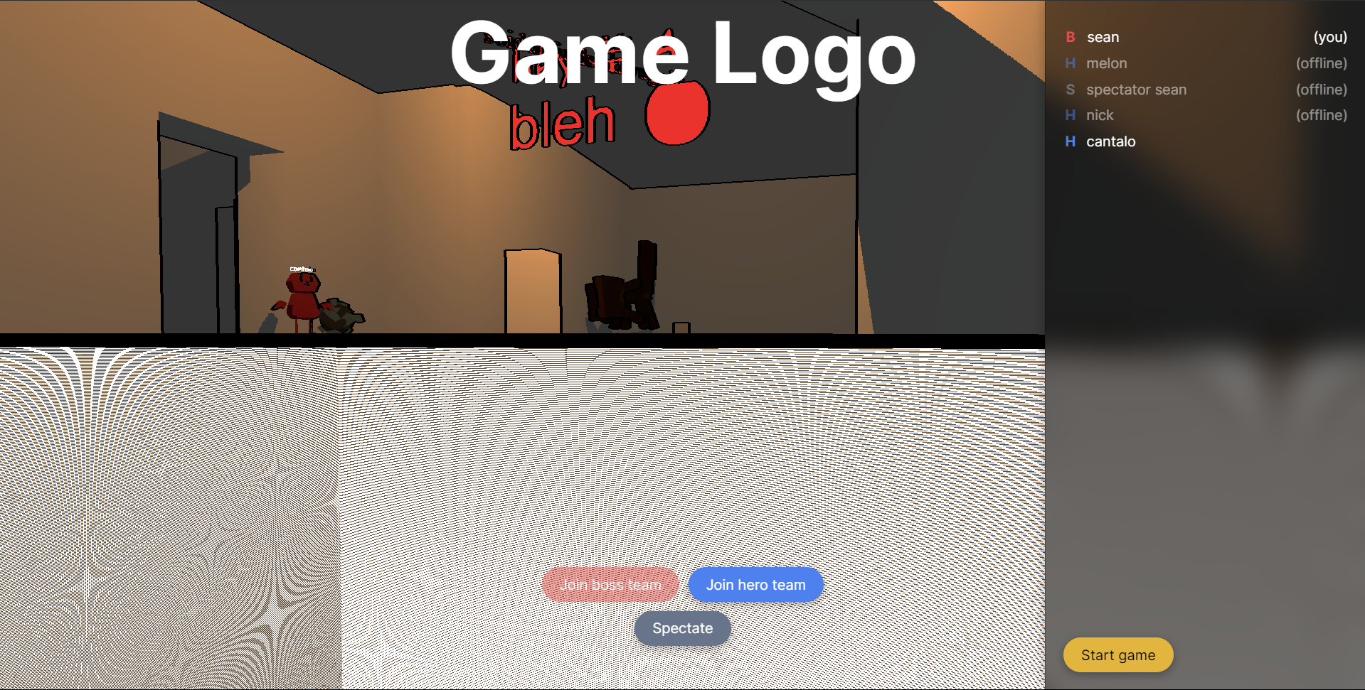 player list on right with &ldquo;start game&rdquo; button and buttons for joining boss and hero team as well as a spectate button